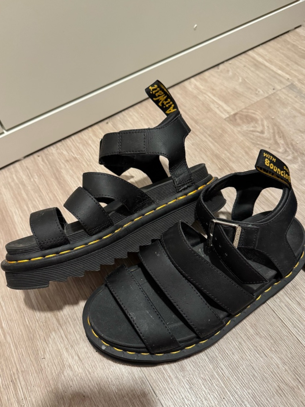 Dr. Martens Black Leather Strappy Sandals with Yellow Stitching